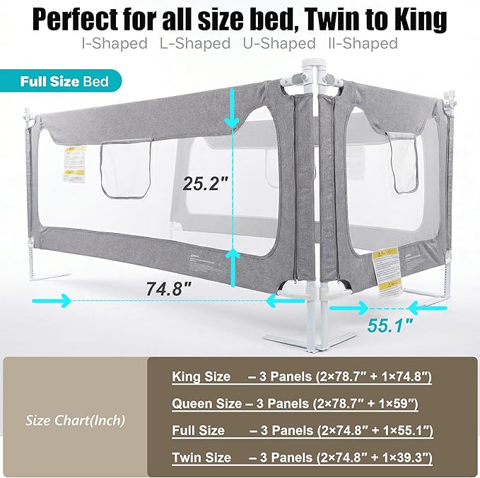 Full Size Baby Bed Rail Guard – Extra Tall Safety Bedside Rail with Headboard Rod for Toddlers, Adjustable No-Gap Design, 3 Panels (2×74.8″ + 1×55.1″), Gray