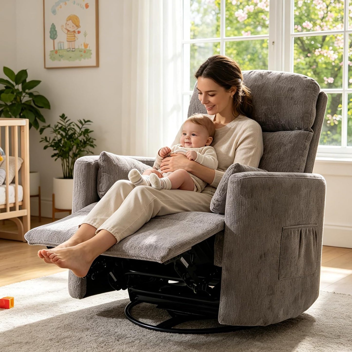 Oversized Swivel Rocker Recliner Chair with Heat and Massage, Rocking Chair with Adjustable Headrest, Manual Recliner, Glider Recliner with 2 Pillows, Chenille White