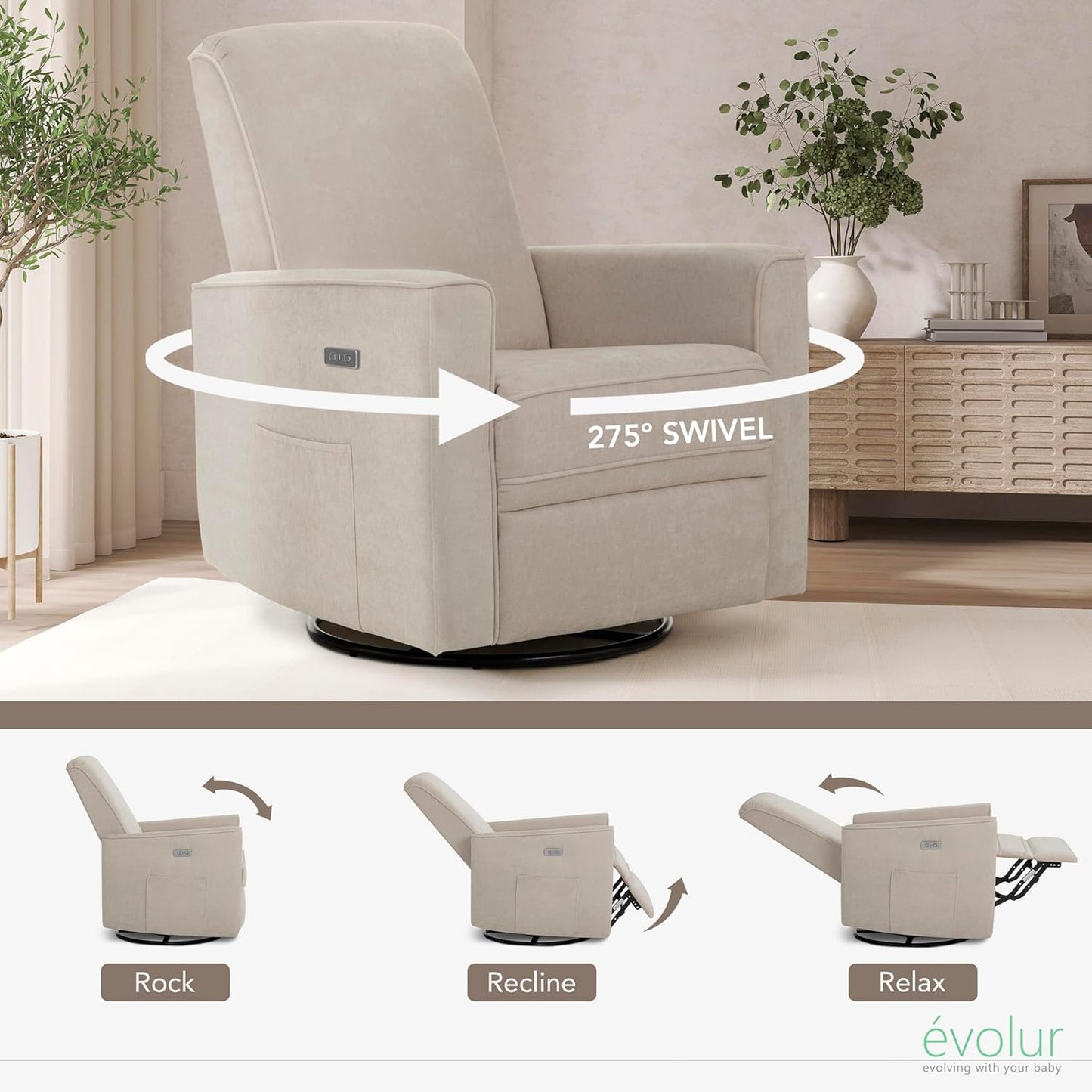 Evolur Harlow Upholstered Power Glider Recliner with USB Charging – Rocking & 275° Swivel with Smooth Glide – Greenguard Gold & FSC Certified – Modern Nursery and Living Room Chair in Light Sand