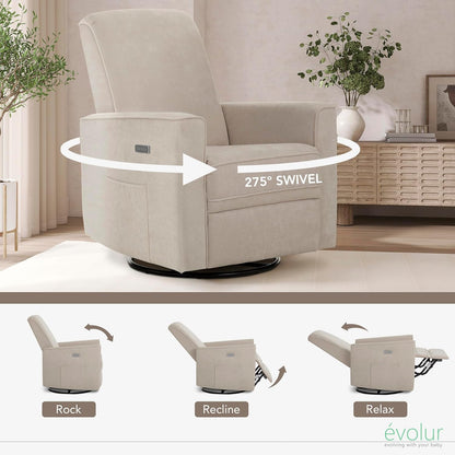 Evolur Harlow Upholstered Power Glider Recliner with USB Charging – Rocking & 275° Swivel with Smooth Glide – Greenguard Gold & FSC Certified – Modern Nursery and Living Room Chair in Light Sand