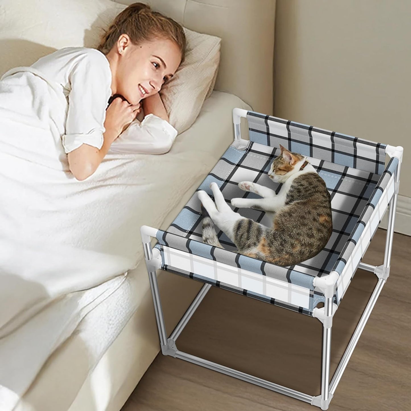 Bedside Window Pet Cat Bed - Dog Bed with Guardrail Extension Attached to Human Bed Height Elevated Dogs Cats Window Perch Bedside Dog Cot Sleeper Hammock Furniture Pet Beds (34'' x 20'' x 24'')
