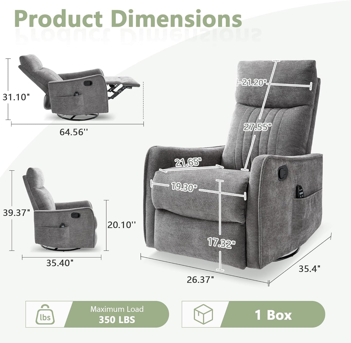 cinkehome Swivel Rocker Recliner, Glider Rocker Recliner Chair for Nursery, Manual Reclining Chair with Heated Massage, Small Spaces, Living Room, Khaki Chenille