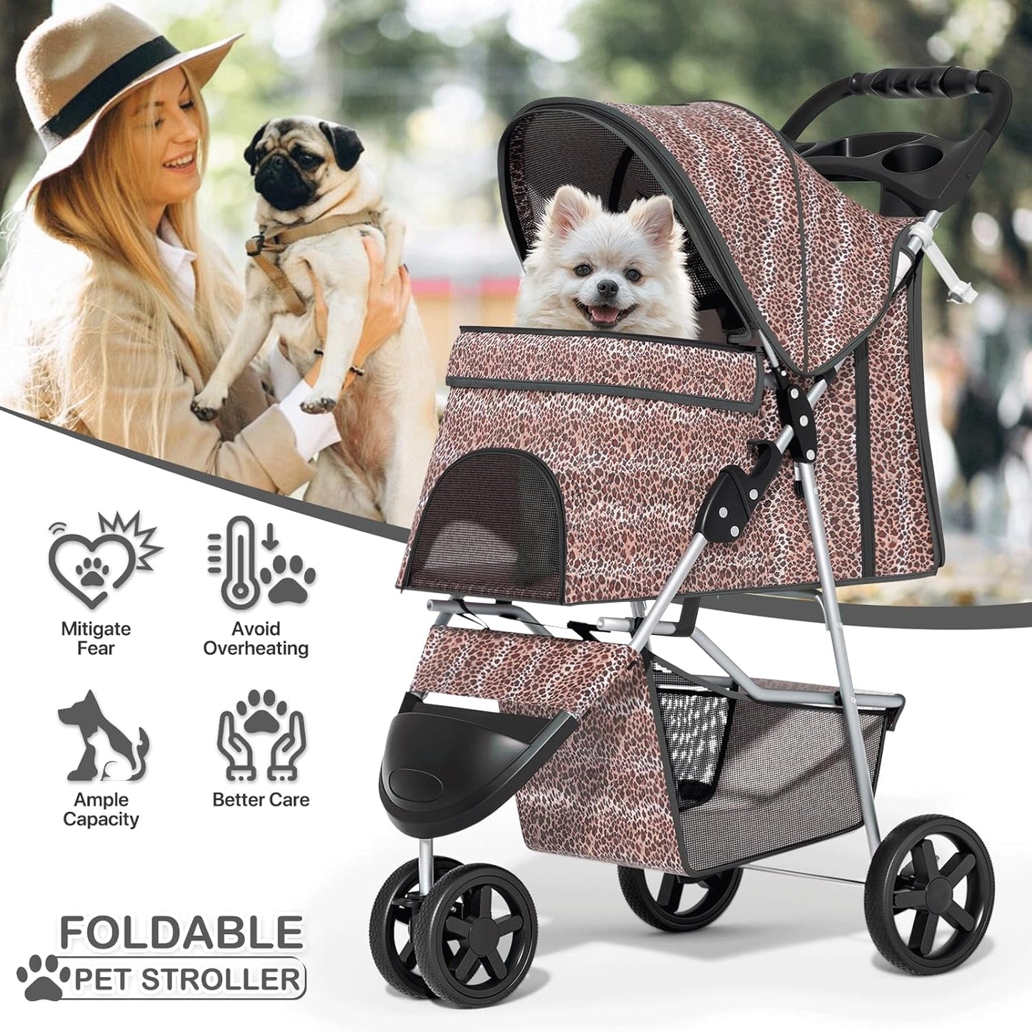 MoNiBloom Foldable Pet Stroller with Weather Cover, 3 Wheels Pet Strolling Cart for Small/Medium Dogs and Cats with Storage Basket and Cup Holder, Breathable and Visible Mesh for All-Season, Black