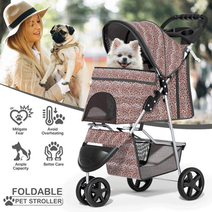 MoNiBloom Foldable Pet Stroller with Weather Cover, 3 Wheels Pet Strolling Cart for Small/Medium Dogs and Cats with Storage Basket and Cup Holder, Breathable and Visible Mesh for All-Season, Black