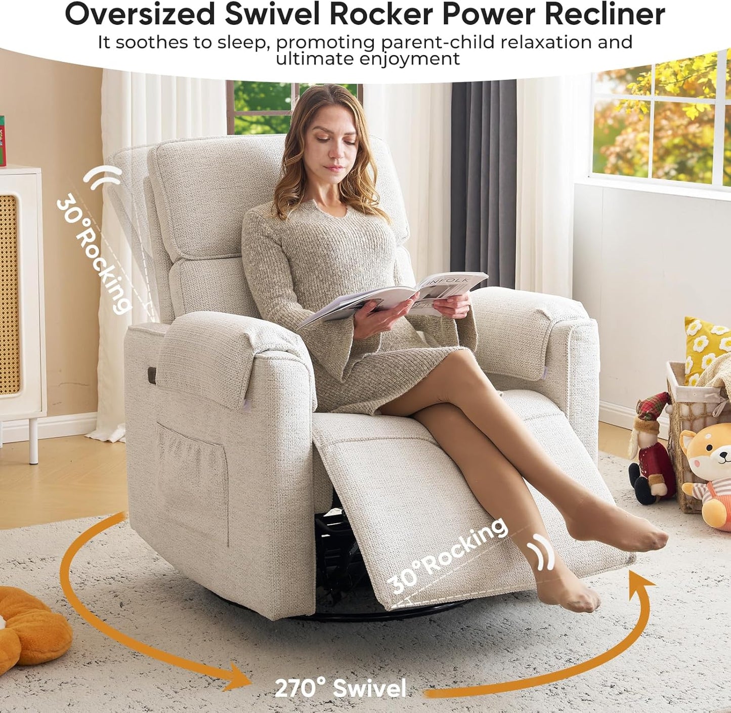 Oversized Power Rocker Recliner Chair, 26" Extra Wide Swivel Recliner with Adjustable Headrest, Chenille Glider Rocking Nursery Chair with Overstuffed Armrest, USB Ports, Cream