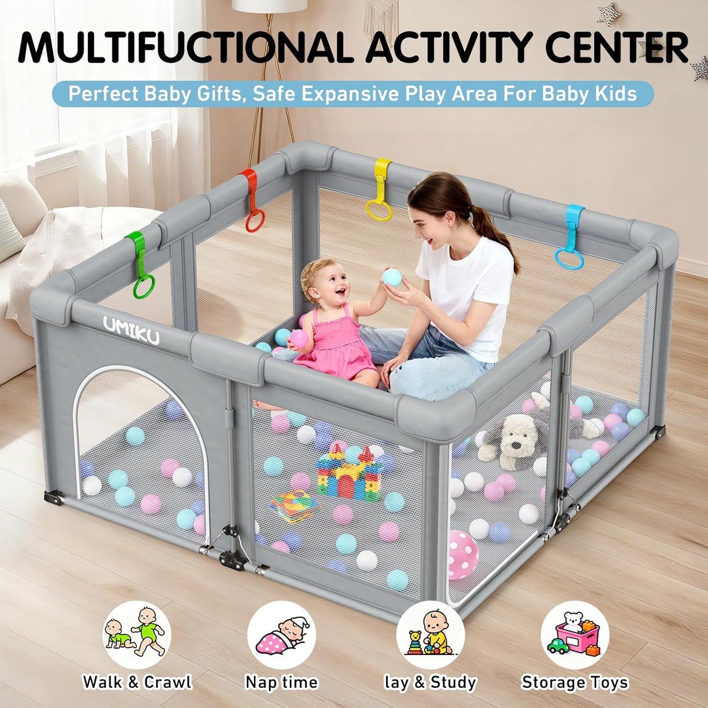 Baby Playpen Foldable Playpen for Babies and Toddlers, Large Playpens Portable Play Pen Play Yard for Kids Fence Indoor Outdoor Travel 4 Handlers 50 Balls Baby Gifts Essentials 50"X50" Dark Grey
