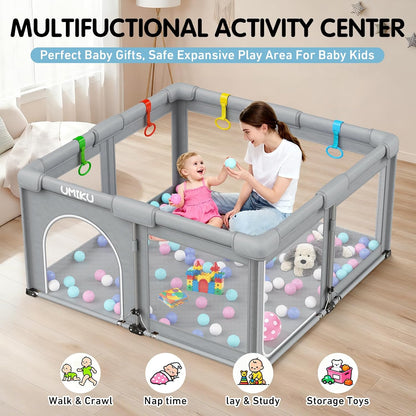 Baby Playpen Foldable Playpen for Babies and Toddlers, Large Playpens Portable Play Pen Play Yard for Kids Fence Indoor Outdoor Travel 4 Handlers 50 Balls Baby Gifts Essentials 50"X50" Dark Grey