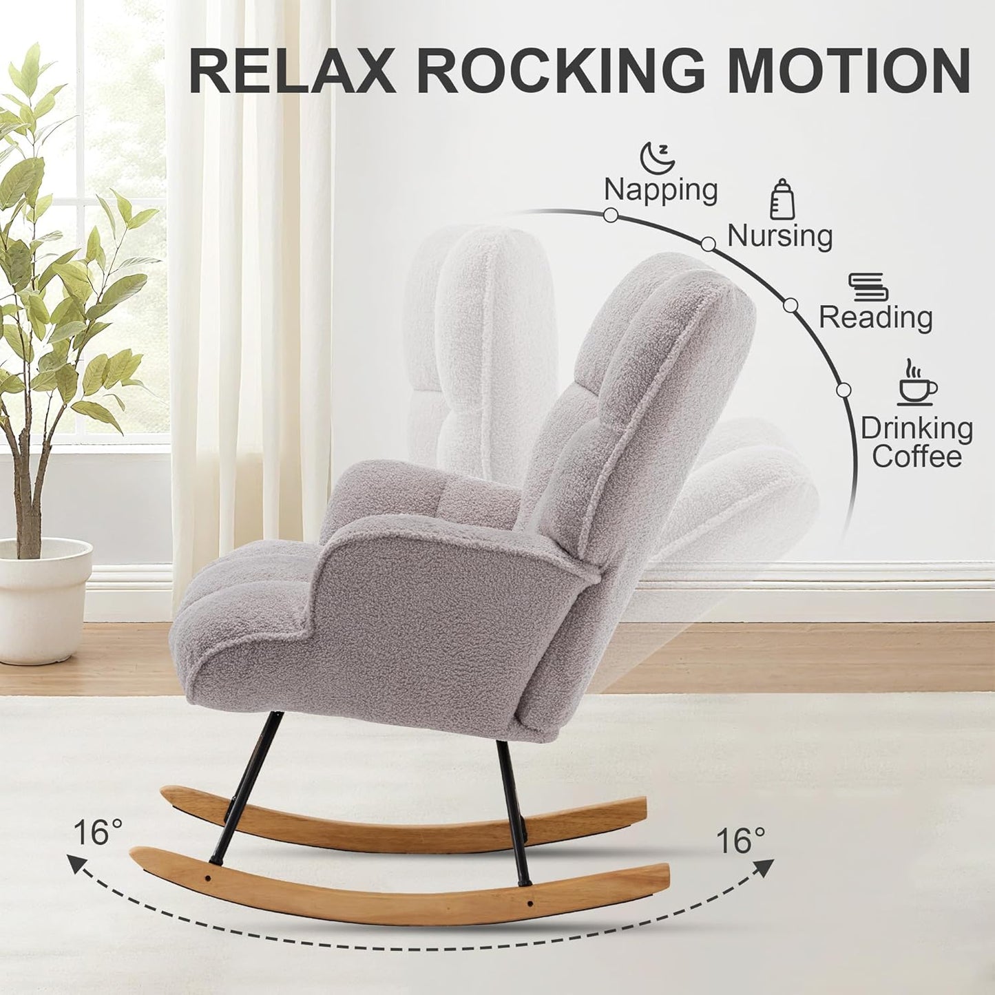 Zedachica Rocking Chair Nursery Teddy Upholstered Glider Rocker Rocking Accent Chair Padded Seat with High Backrest Armchair Comfy Side Chair for Living Room Bedroom Offices (Black Teddy)