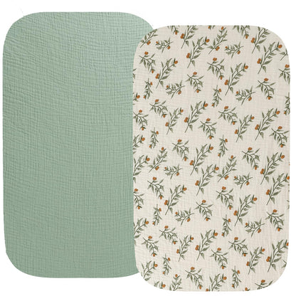 Muslin Bassinet Sheet Compatible with Mika Micky Bedside Sleeper 2 Pack Cotton Stylish Boho Fitted Bassinet Sheets Super Soft for Baby Roman Green & Botanical Leaf
