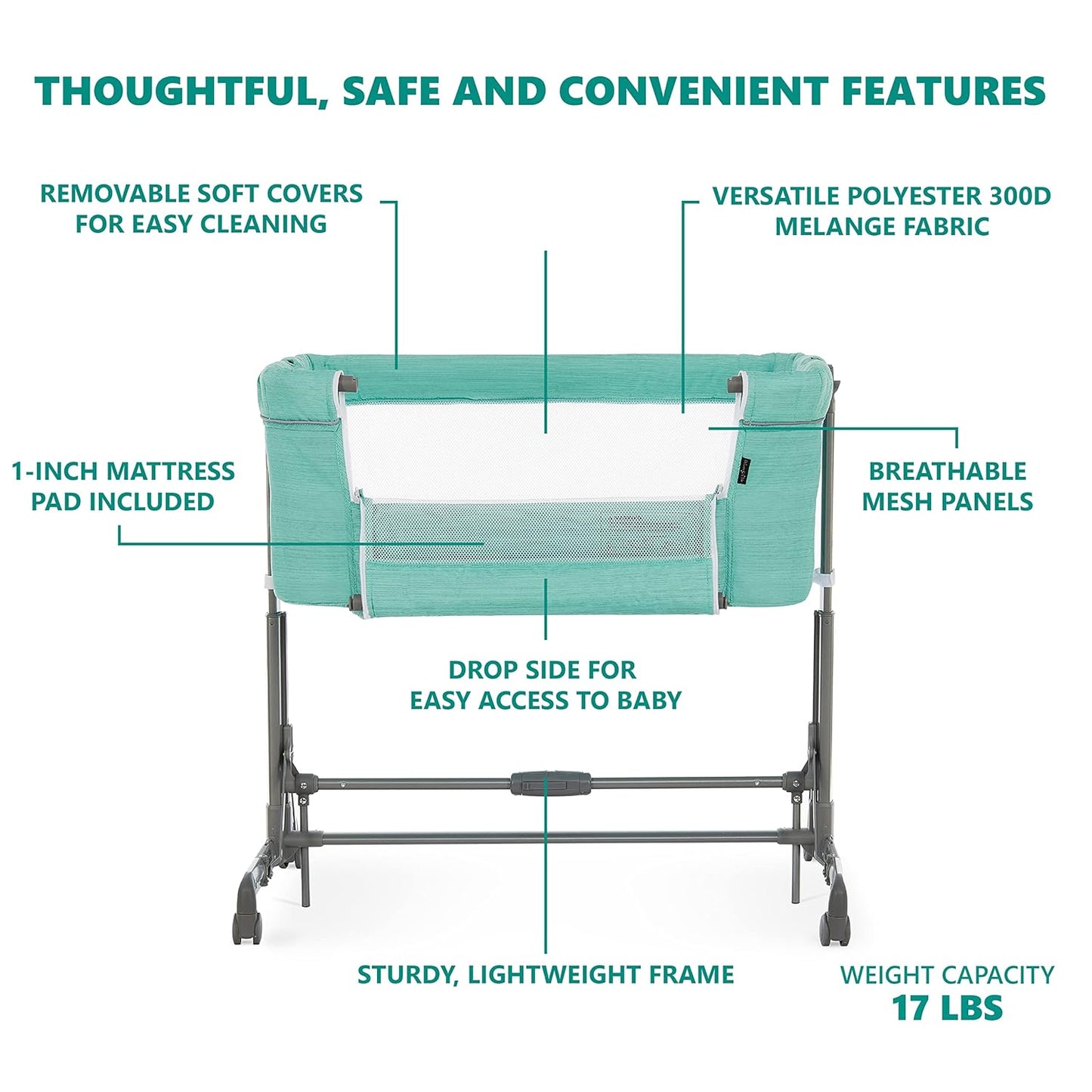 Dream On Me Zimal Bassinet & Bedside Sleeper/Breathable Mesh Panels/Airflow & Easy Visibility/Adjustable Height Options/Lightweight/Mobile/BSA Certified/Mint