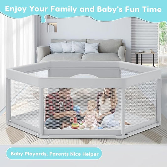Fshibila 65" ×65" Hexagonal Baby Playpen, Baby Playard for Babies and Toddlers, BabyFence Play Pens for Indoor & Outdoor, Sturdy Safety Play Yard with Soft Breathable Mesh, Anti-Fall, Grey