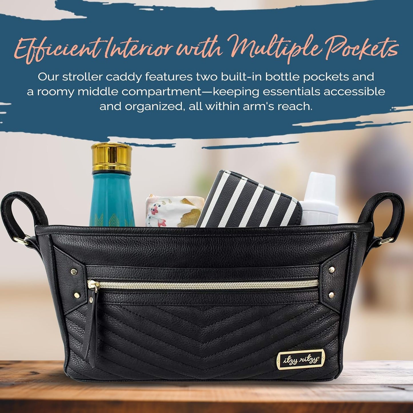 Itzy Ritzy Adjustable Stroller Caddy and Organizer Bag Featuring Front Zippered Pocket, 2 Built-In Interior Pockets & Adjustable Straps to Fit Nearly Any Stroller (Coffee and Cream)