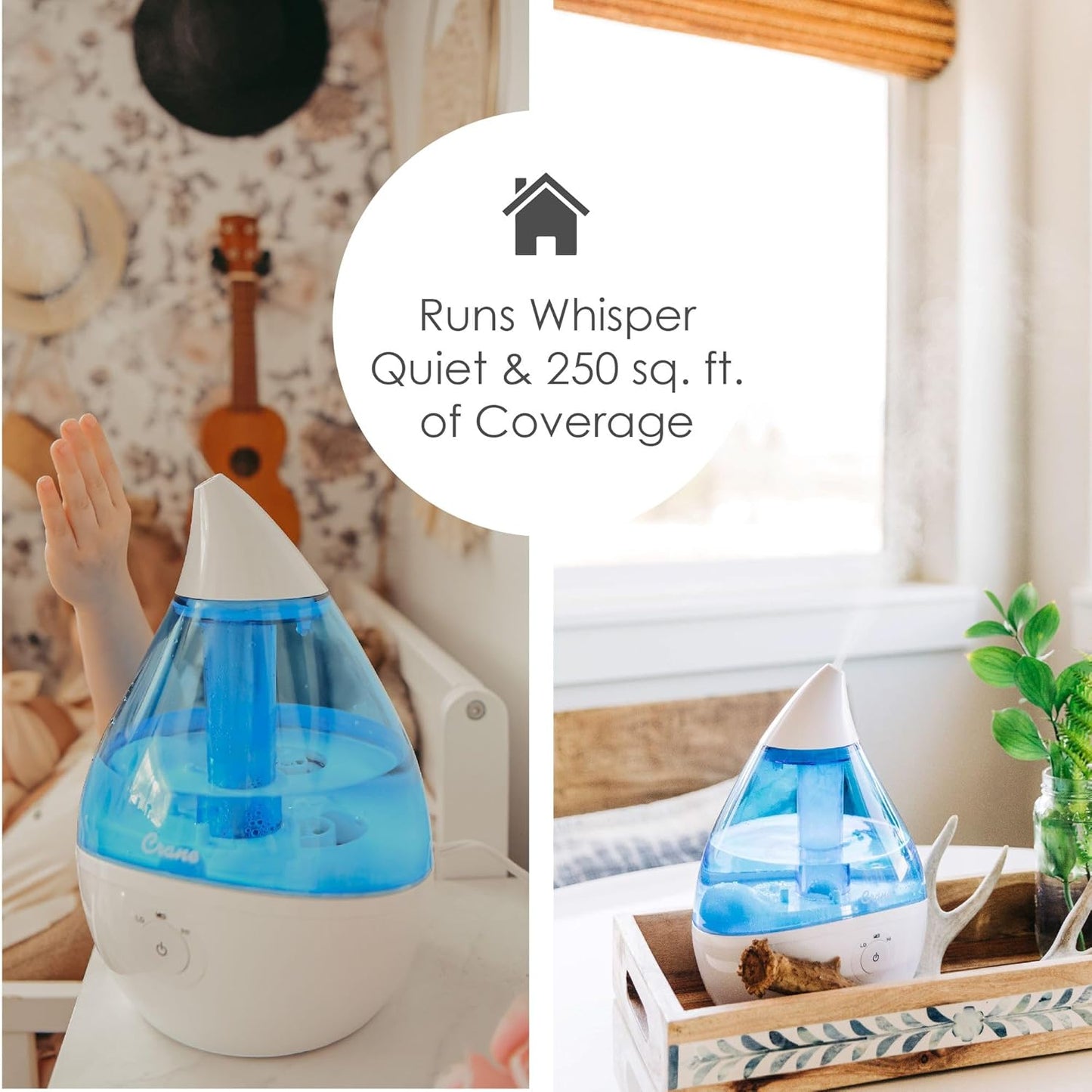 Crane Droplet Ultrasonic Small Air Humidifiers for Bedroom and Office, 0.5 Gallon Cool Mist Humidifier for Plants and Home, Humidifier Filters Optional, White