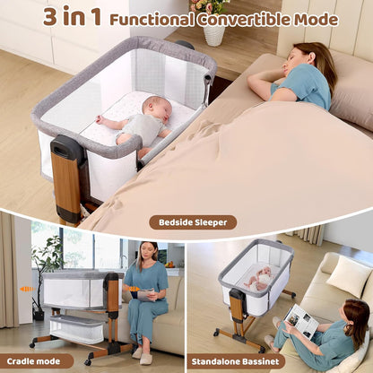Ezebaby 3-in-1 Rocking Bassinet for Baby Adjustable Baby Bassinets Bedside Sleeper with Wheels Storage Basket and Mesh Sides for Newborn Infant