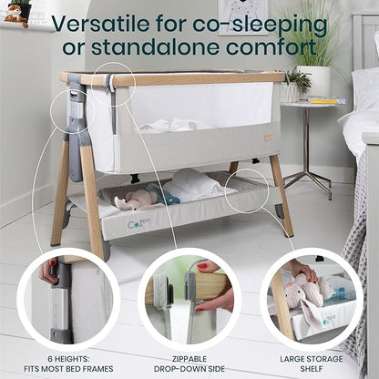 Tutti Bambini CoZee® 2-in-1 Baby Bassinet & Bedside Sleeper - Fast-Folding Bedside Bassinet, Baby Crib with 6 Mattress Heights & Breathable Mesh Window, Mattress Included, 0-6 Months (Silver & Oak)