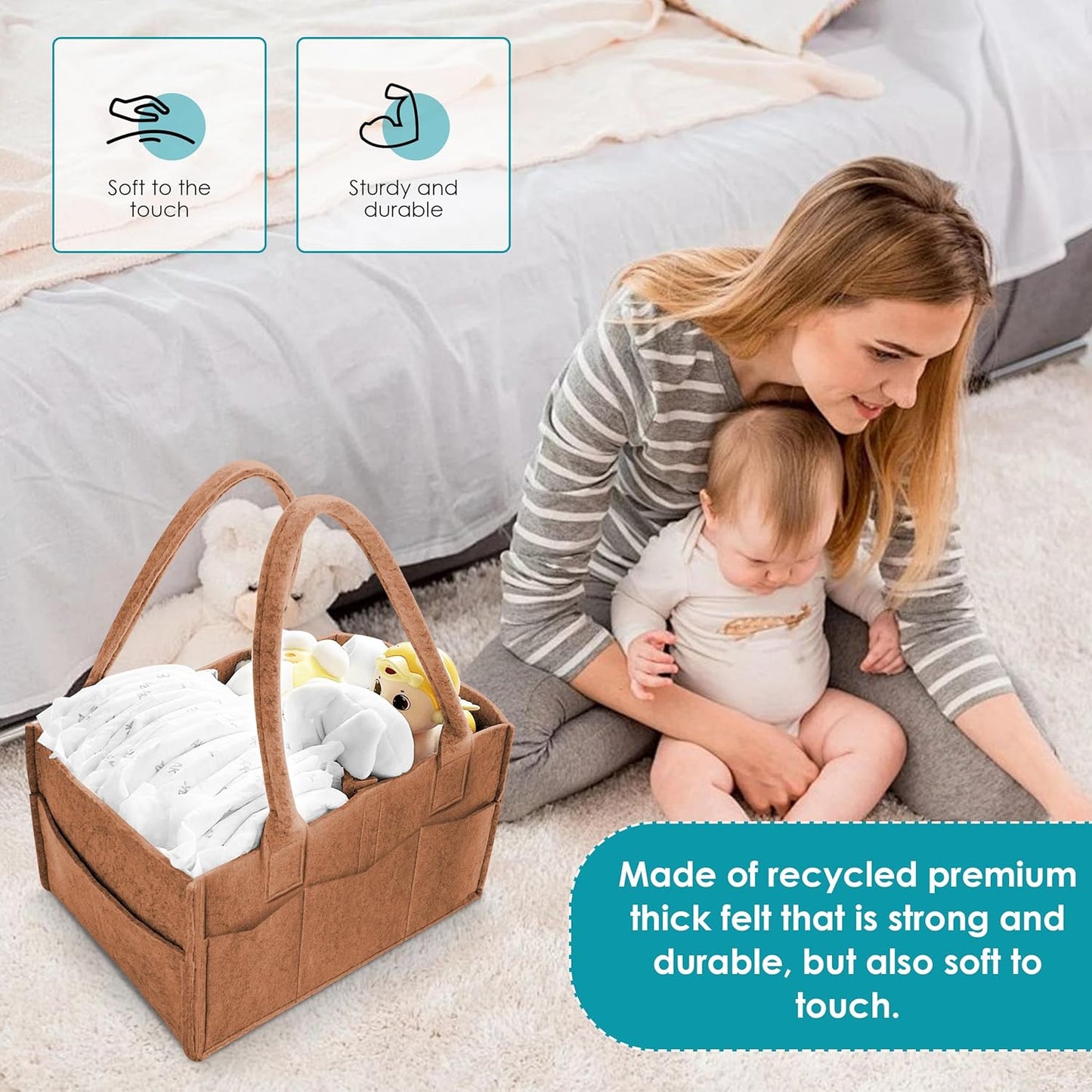 Cute Castle 2 Pack Diaper Caddy Organizer - Portable Baby Caddy Organizer with Handle, Nursery Storage Bin and Car Organizer for Girls, Boys - Baby Gift Basket - Grey