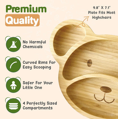 Bamboo Plates for Kids - Baby & Toddler Plates with Suction for Feeding & Weaning, Eco-Friendly Bear Design Promotes Self-Feeding, Ideal for Busy Moms & Dads, Sturdy & BPA-Free (Pink)