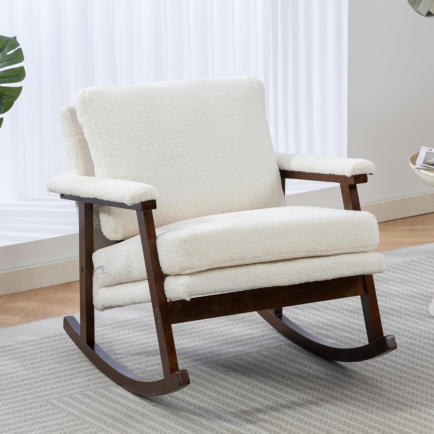 Rocking Accent Chair, Nursery Upholstered Glider Cozy Small Rocker Rocking Chair for Adult, Comfy Side Modern Arm Chair for Living Room/Bedroom/Offices/Balcony-White