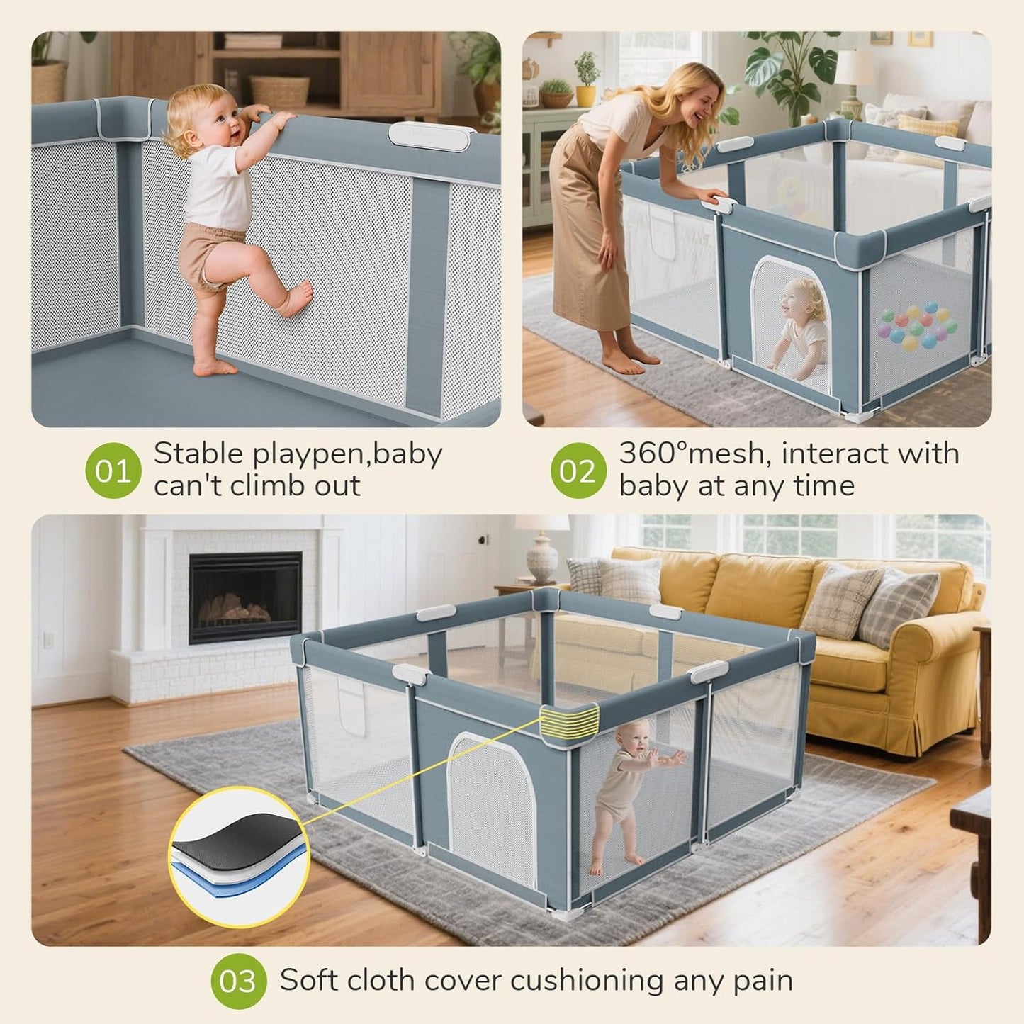 Foldable Baby Playpen - 71"×59" Collapsible Play Pen for Babies and Toddlers - Indoor Outdoor Foldable Play Yard with 4 Handles - Folding Baby Playpen with Bag Portable Travel Play Yard