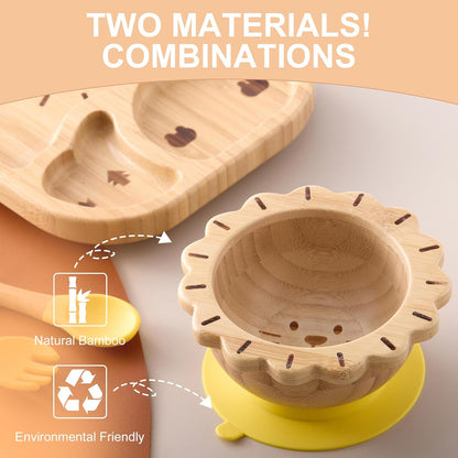 Suction Plates Bowls Set for Baby Toddler Non-Toxic Bamboo Feeding Set with Silicone Fork & Spoon (Green Feeding Set)