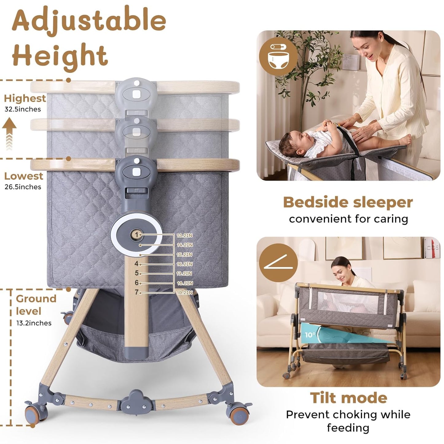 Baby Bassinet 5 in 1,Baby Bedside Bassinet with Diaper Changer, Mosquito Net, Mattress, Storage Layer, Can Be Stored in One Button Travel Crib (Beige)