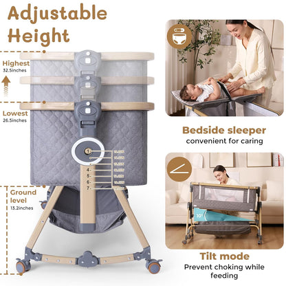 Baby Bassinet 5 in 1,Baby Bedside Bassinet with Diaper Changer, Mosquito Net, Mattress, Storage Layer, Can Be Stored in One Button Travel Crib (Beige)
