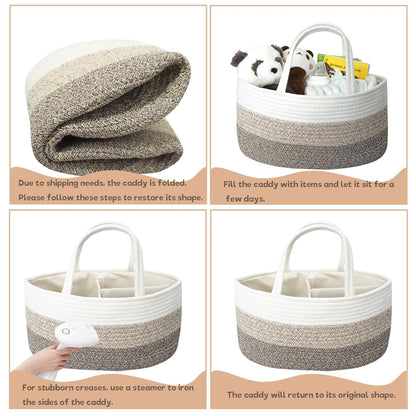 luxury little Diaper Caddy Organizer, Large Cotton Rope Nursery Baby Basket, Changing Table Organizer for Baby Diaper Storage, Portable Car Organizer Removable Divider (Off White, Large)