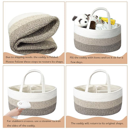 luxury little Diaper Caddy Organizer, Large Cotton Rope Nursery Baby Basket, Changing Table Organizer for Baby Diaper Storage, Portable Car Organizer Removable Divider (Gradient Brown, Extra Large)