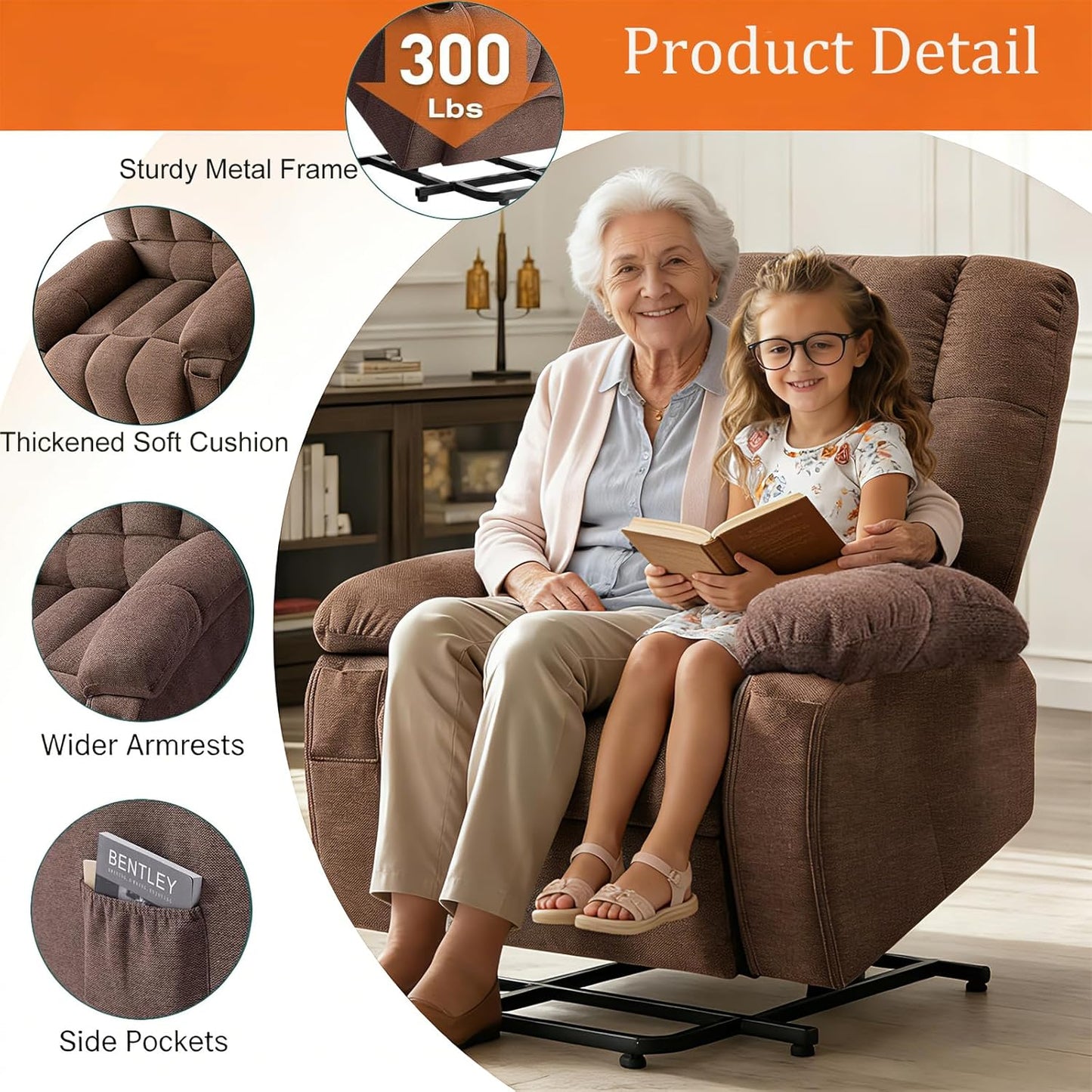 Power Lift Recliner Chair for Adult with Heated and Full Body Massage, Glider Nursery Chair with Cup Holder and USB Charge Port, Oversided Swivel Rocker Recliner for Living/Study/Bedroom Room, Grey
