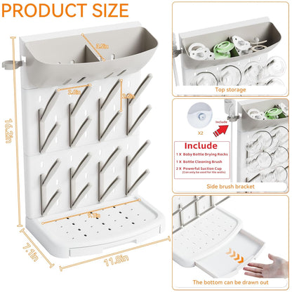SuoXing Vertical Baby Bottle Drying Rack with Brush- Hold 16 Bottles - Large Breast Pump,Bottle Dryer Rack for Kitchen Countertop,Space Saving Bottle Stand Holder for Pacifiers,Pump Accessories,Grey