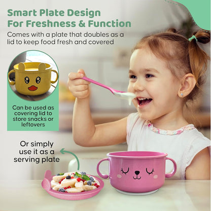 Unbreakable Bowls for Babies & Toddlers with Spoon and Lid, Eco-Friendly Wheat Straw, Stay Put Suction, BPA-Free, Microwave & Dishwasher Safe, Lightweight, No Soap Taste (Blue&White)