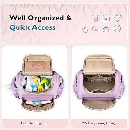 mommore Diaper Bag Backpack, Stylish Travel Baby Bag with Insulated Pockets, Changing Pad and Stroller Straps for Toddler (S-Purple, Small-17L)