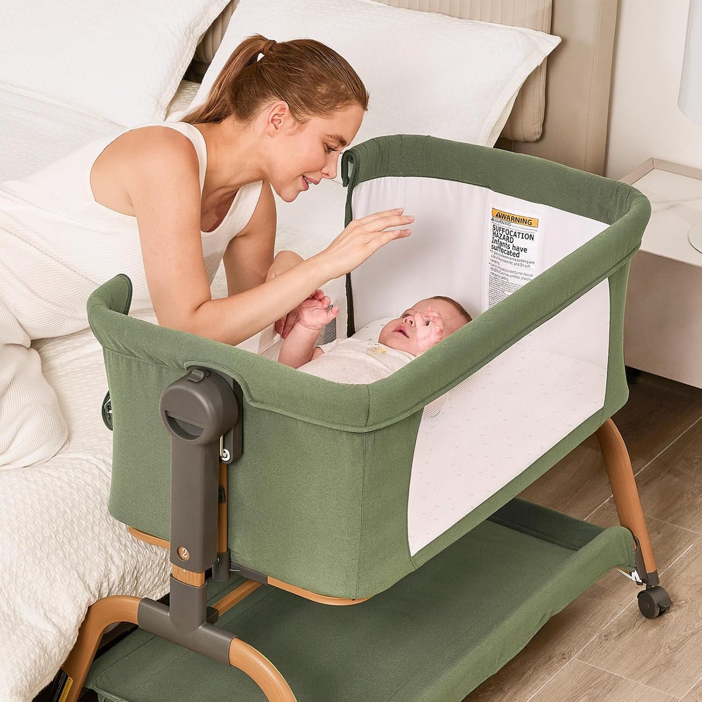 ANGELBLISS 3 in 1 Baby Bassinet, Rocking Bassinets Bedside Sleeper with Comfy Mattress and Wheels, 6 Height Adjustable Easy Folding Portable Bedside Crib for Newborn Infant (Khaki)
