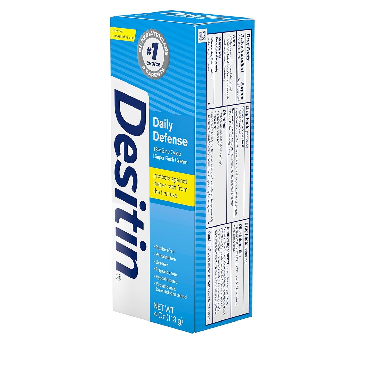 Desitin Daily Defense Baby Diaper Rash Cream with Zinc Oxide to Treat, Relieve & Prevent diaper rash, Hypoallergenic, Dye-, Phthalate- & Paraben-Free, 4 oz