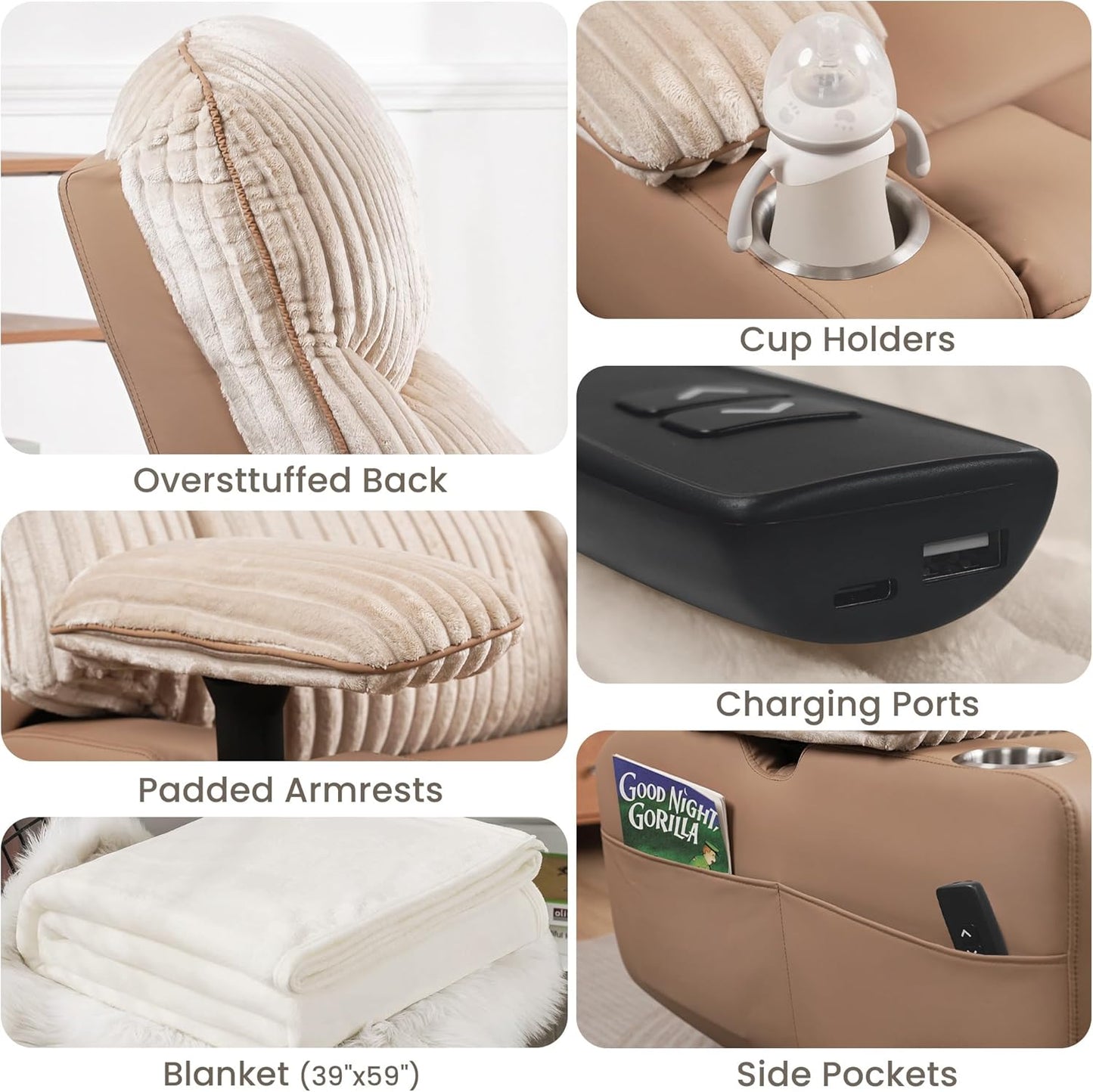 GRAINELL Oversize Power Swivel Recliner, 40in Wide Electric Glider Rocking Chair with Headrest Adjustment, USB Port, 270° Swivel, Rock 30° – for Living Room, Nursery, Black (5" 7' to 6" 1' Height)