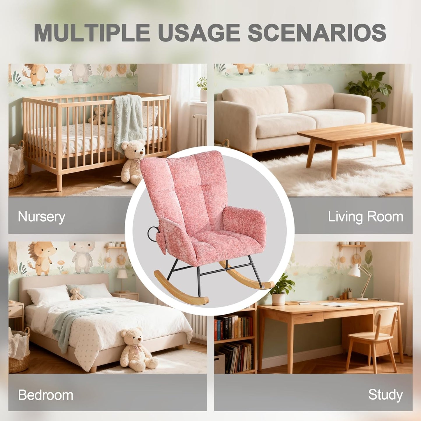 Rocking Chair Nursery with Airbag, Comfy Modern Nursery Rocking Reading Chair indoor with Footrest, Cozy Upholstered Glider Rocker Chairs for Living Room Bedroom Offices(Chenille, Dark Grey)