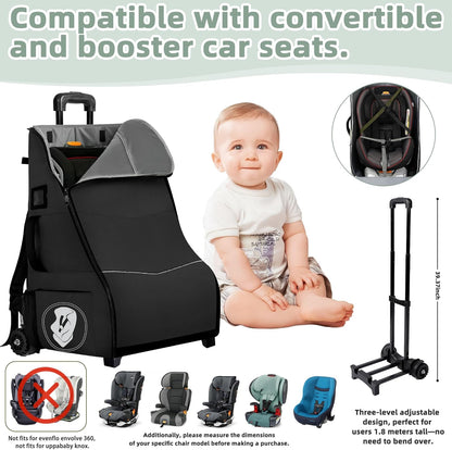 Rolling Car Seat Travel Bag with Wheels – Car Seat Backpack Transport Case for Airplane Travel, Fits Convertible & Booster Seats, Protective Storage Cover, Black