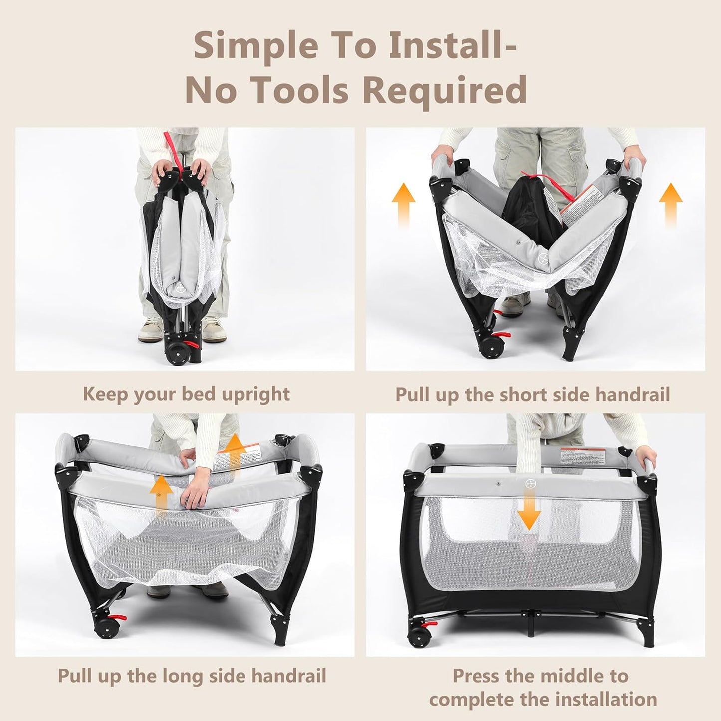 Kinder King 4 in 1 Portable Pack and Play, Baby Playard w/Bassinet, Large Playpen for Infant and Toddler, Newborn Changing Table, Adjustable Canopy, Storage Basket, Travel Bag, Black