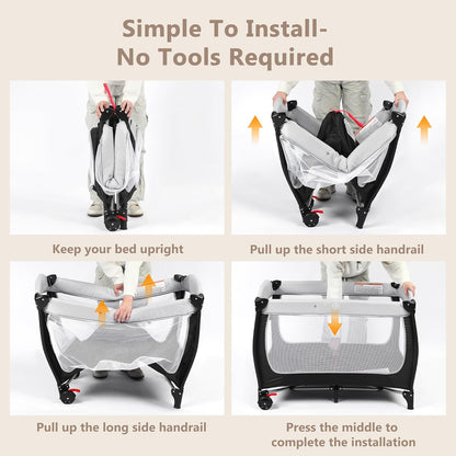 Kinder King 4 in 1 Portable Pack and Play, Baby Playard w/Bassinet, Large Playpen for Infant and Toddler, Newborn Changing Table, Adjustable Canopy, Storage Basket, Travel Bag, Black
