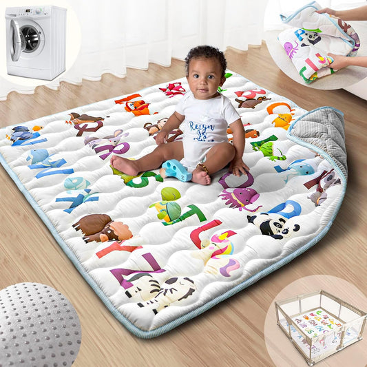 Baby Play Mat, 50x50 Playpen Mat with Super Soft Touch, Activity Mats with Upgraded Anti-Slip Bottom, Machine Washable Crawling Mats for Floor & Picnic (Animal Alphabets)