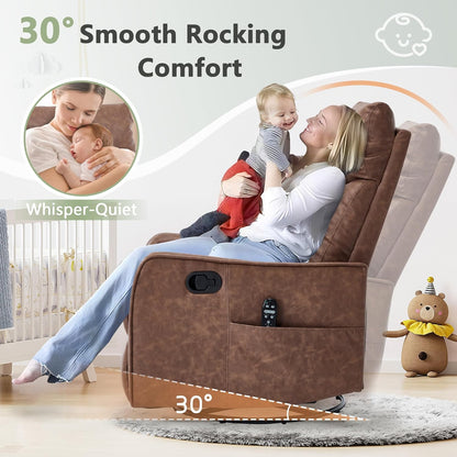 cinkehome Swivel Rocker Recliner, Glider Rocker Recliner Chair for Nursery, Manual Reclining Chair with Heated Massage, Small Spaces, Living Room, Khaki Chenille
