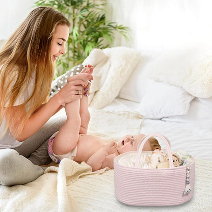 Baby Diaper Caddy Organizer for Girl Boy Rope Nursery Storage Bin Basket Portable Holder Tote Bag for Changing Table Car Travel Baby Shower Gifts Newborn Essentials Registry Must Have Items Pink