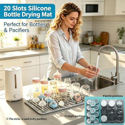 Silicone Baby Bottle Drying Mat, 20 Slots, BPA-Free Non-Toxic, Dishwasher Safe, Foldable Space-Saving Design for Nursery, Kitchen & Travel (Silicone Drying Mat)