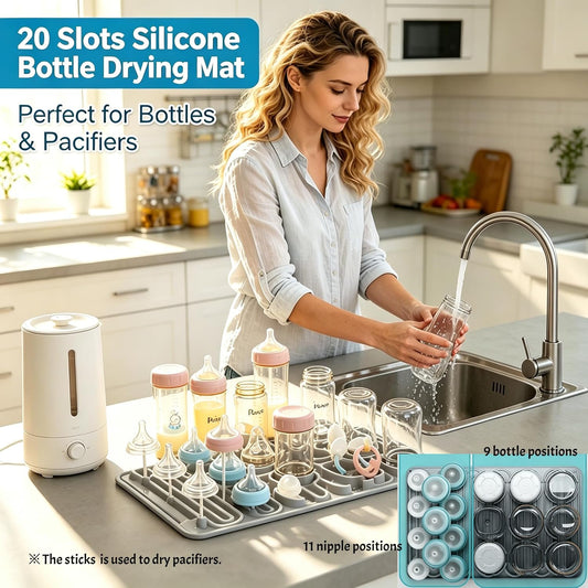 Silicone Baby Bottle Drying Mat, 20 Slots, BPA-Free Non-Toxic, Dishwasher Safe, Foldable Space-Saving Design for Nursery, Kitchen & Travel (Silicone Drying Mat)