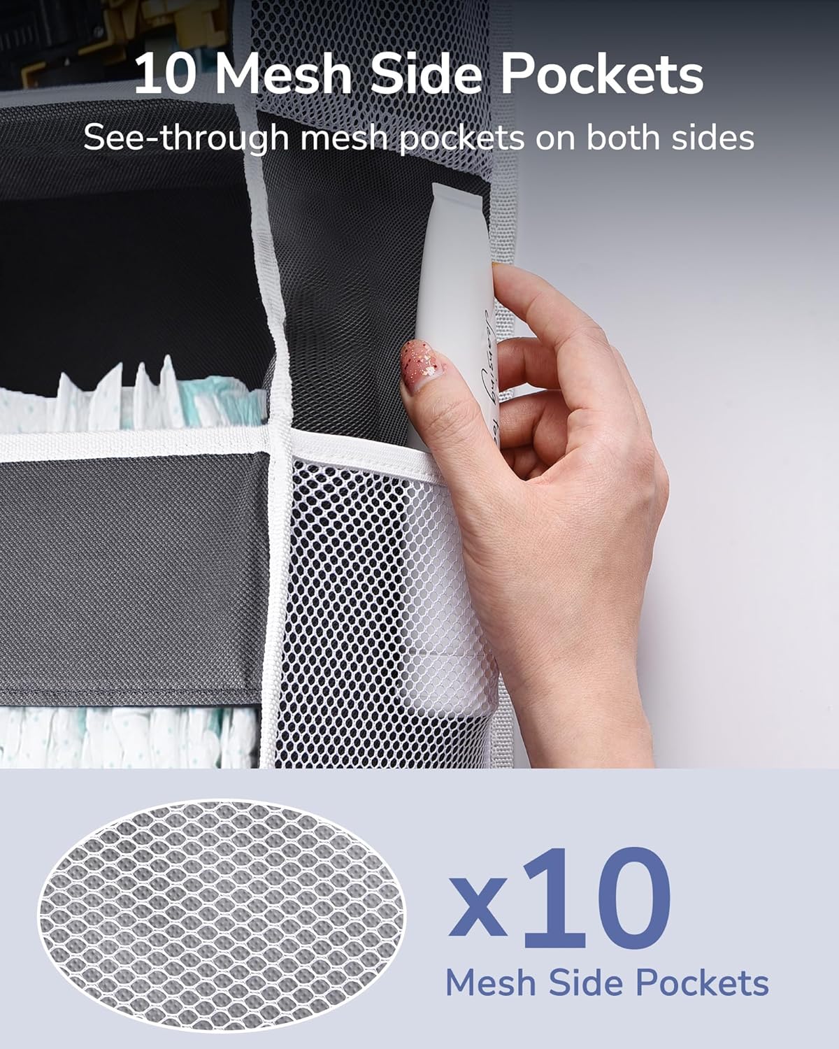 ULG 1 Pack Over Door Organizer with 5 Large and 10 Mesh Side Pockets, 44 lbs Weight Capacity Hanging Storage with Clear Window Kids Toys, Shoes, Diapers, Dark Grey, 5 Layers