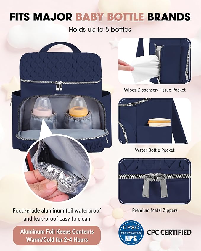 Baby Diaper Bag, Multi-Function Baby Bag for Mom Dad, Diaper Backpack with Changing Pad Stylish Pañaleras para Bebe Stroller Straps, Newborn Baby Essentials Must Haves for Women Navy blue