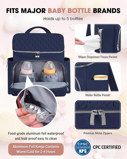 Baby Diaper Bag, Multi-Function Baby Bag for Mom Dad, Diaper Backpack with Changing Pad Stylish Pañaleras para Bebe Stroller Straps, Newborn Baby Essentials Must Haves for Women Navy blue