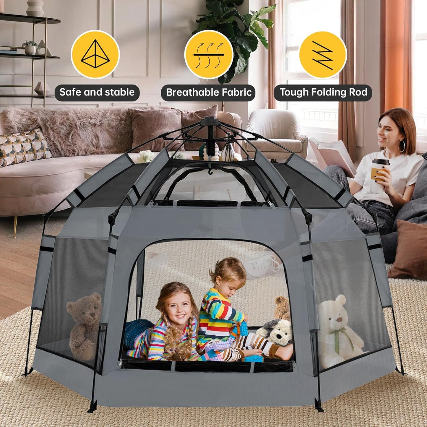 Instant Pop Up Baby Playpen with UV Canopy & Safety Lock, Portable Outdoor Beach Tent Play Yard for Toddlers, Breathable Mesh & Carry Bag, Indoor & Backyard Use (Orange)