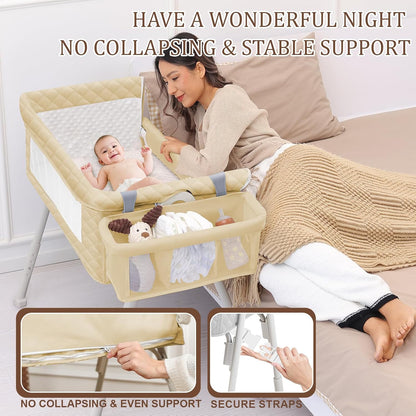 Baby Bassinet Bedside Crib for Newborn, 4-in-1 Baby Bassinet Bedside Sleeper with Mesh & Mattress, Easy Move Crib for Newborns with Lockable Wheels & Storage Basket, 4-Adjustable Height(Grey) | Bassinet with Wheels, Storage Basket, 4 Height Adjustable