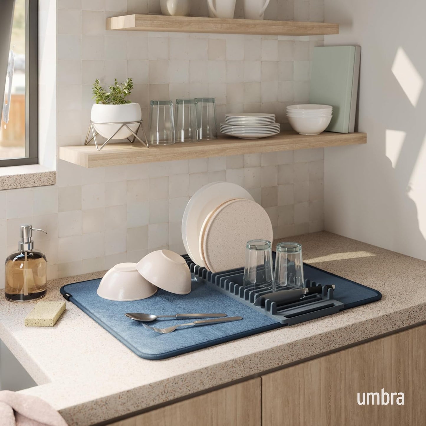 Umbra Udry Dish Rack and Microfiber Drying Mat – Space-Saving Design Folds Up for Easy Storage, Mini Rack, Gray